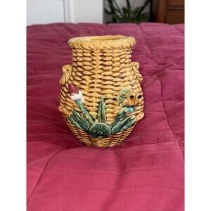 Vintage Majolica Vase Ceramic Basket Weave Frogs Lily Pad Cattails Planter